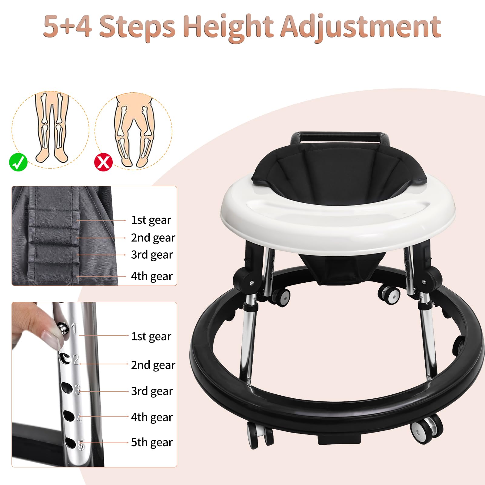 Baby Walker, 9-Gear Height Adjustable Baby Walker with Wheels, Foldable Infant Toddler Walker with Foot Pads, Baby Walkers and Activity Center for Baby Boys and Baby Girls 6-24 Months