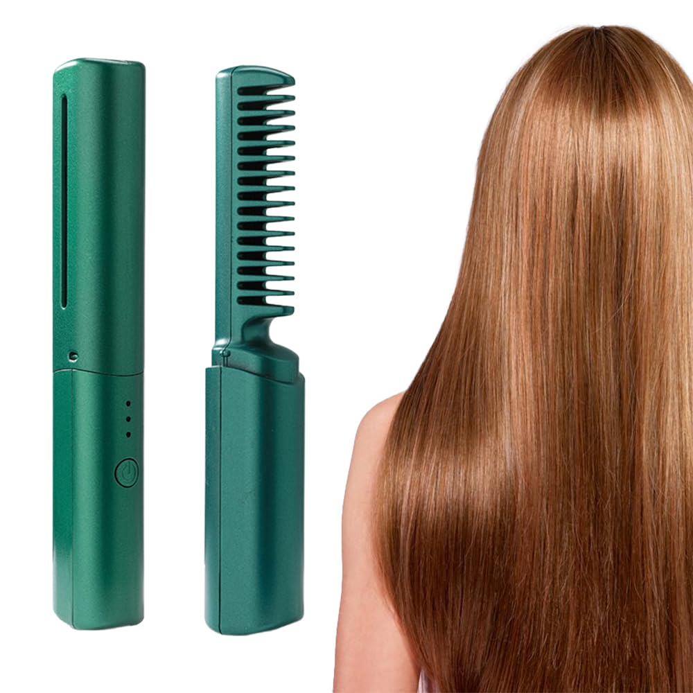 Rechargeable Mini Hair Straightener, 2023 New Rechargeable Cordless Hair Straightener Brush, Three Temperature Adjustment Straightening Brush 3D Hair Care Comb for Dry and Wet Hair (Green)