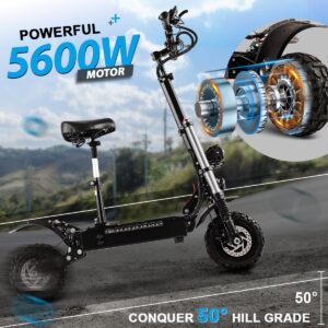 T88 Electric Scooter Adults, 5600W Dual Motor 60V38.5Ah Battery Max 50 MPH & 60Miles Long Range, Dual Oil Disc Braking & Dual Hydraulic Shock Absorption, Dual Charger and 11'' Vacuum Off-Road Tires