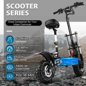 T88 Electric Scooter Adults, 5600W Dual Motor 60V38.5Ah Battery Max 50 MPH & 60Miles Long Range, Dual Oil Disc Braking & Dual Hydraulic Shock Absorption, Dual Charger and 11'' Vacuum Off-Road Tires