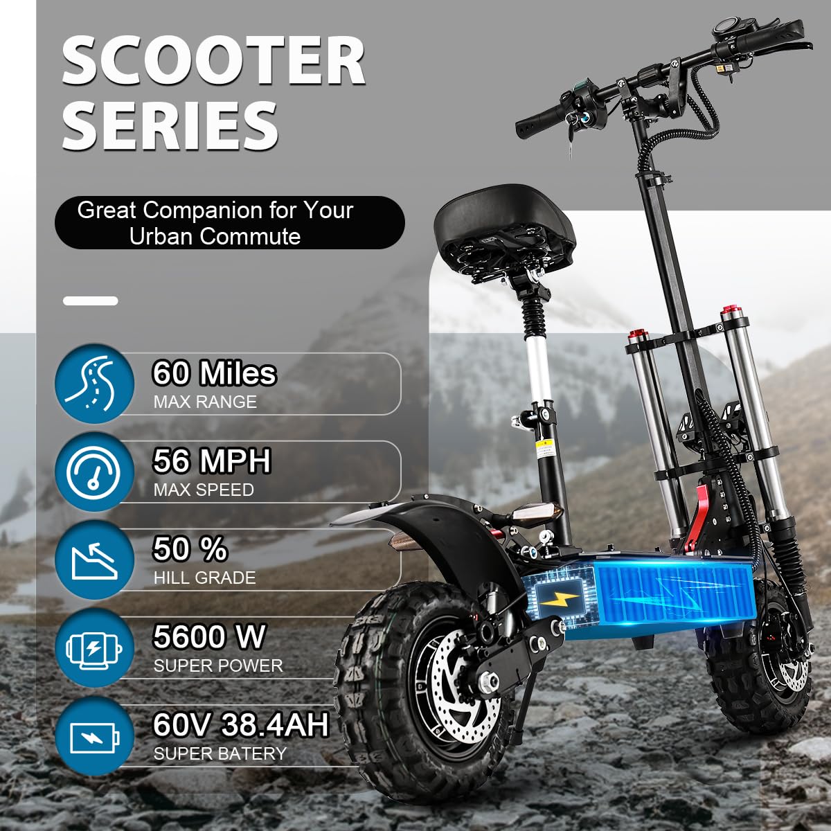 T88 Electric Scooter Adults, 5600W Dual Motor 60V38.5Ah Battery Max 50 MPH & 60Miles Long Range, Dual Oil Disc Braking & Dual Hydraulic Shock Absorption, Dual Charger and 11'' Vacuum Off-Road Tires