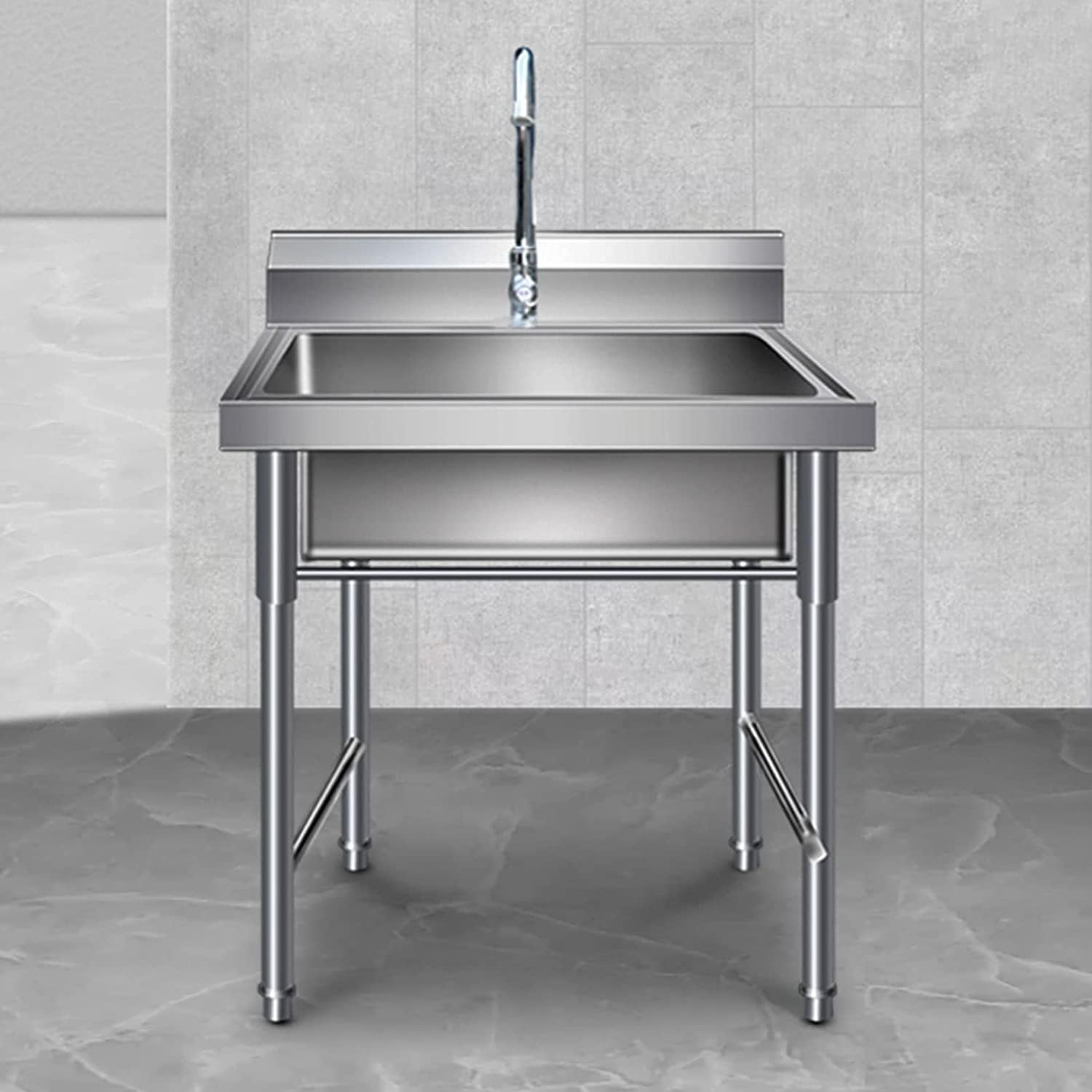 Katzowen Stainless Steel Kitchen Sink Home Commercial Sinks Outdoor Indoor Freestanding Single Bowl Sinks, for Restaurants, Catering, Laundry Room, Garage, Easy to Use and Clean 50×50×80cm