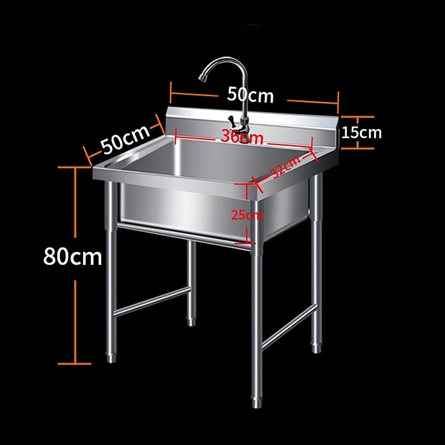 Katzowen Stainless Steel Kitchen Sink Home Commercial Sinks Outdoor Indoor Freestanding Single Bowl Sinks, for Restaurants, Catering, Laundry Room, Garage, Easy to Use and Clean 50×50×80cm