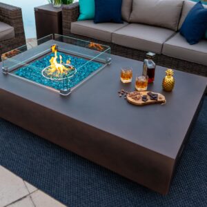 65" Rectangular Concrete Gas Fire Pit Table with Glass Guard and Fire Glass (Espresso Brown)