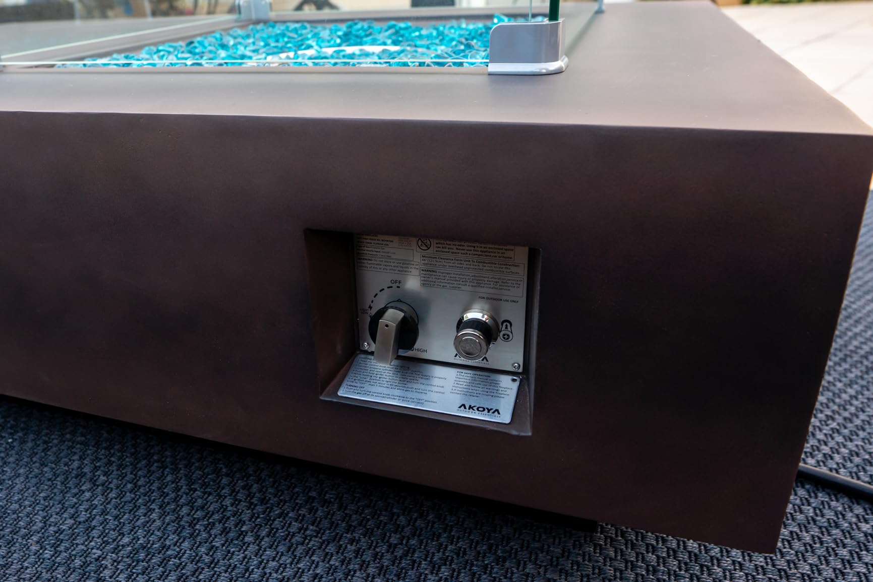 65" Rectangular Concrete Gas Fire Pit Table with Glass Guard and Fire Glass (Espresso Brown)