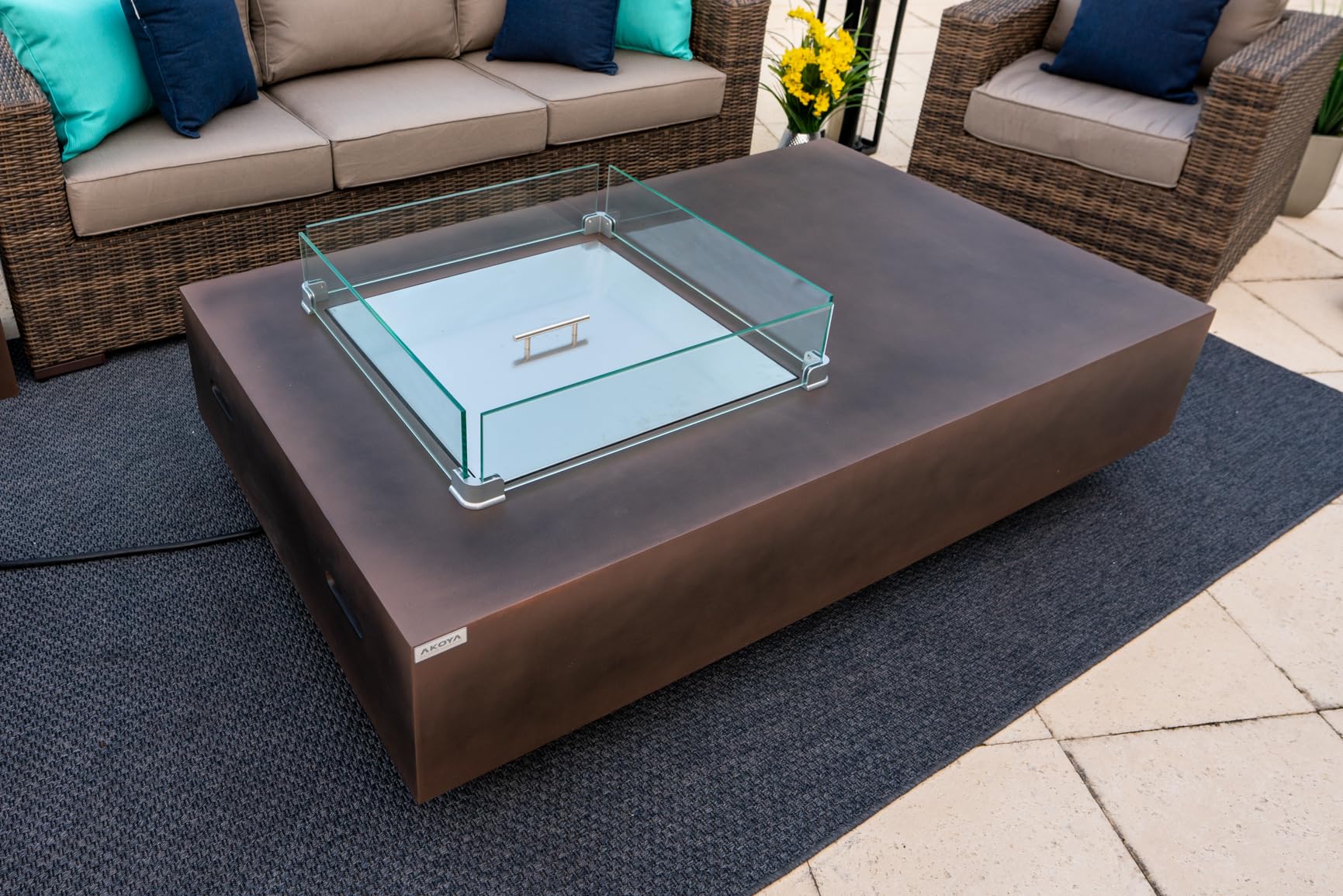 65" Rectangular Concrete Gas Fire Pit Table with Glass Guard and Fire Glass (Espresso Brown)