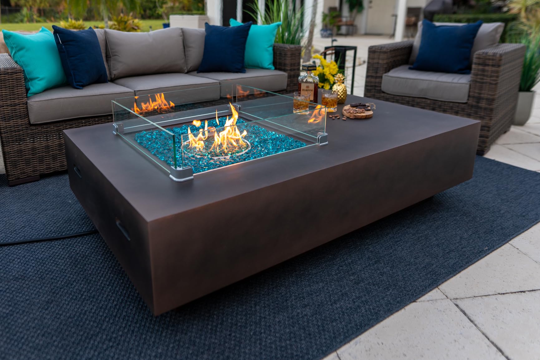 65" Rectangular Concrete Gas Fire Pit Table with Glass Guard and Fire Glass (Espresso Brown)