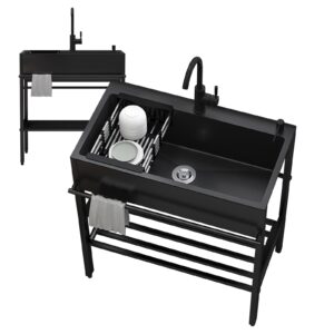 stainless steel single bowl kitchen sink with stand free standing commercial restaurant utility sink set with drain basket for laundry backyard garage outdoor，black stainless steel floor standing sink