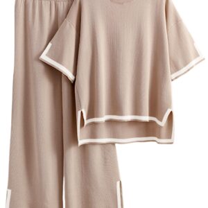 Wyeysyt Women Lounge Sets 2 Piece Sweater Knit Short Sleeve Pullover Tops Wide Leg Pants Elastic Waist Sweatsuits(Khaki-M)