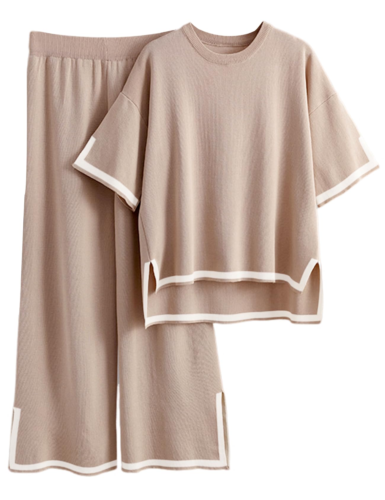 Wyeysyt Women Lounge Sets 2 Piece Sweater Knit Short Sleeve Pullover Tops Wide Leg Pants Elastic Waist Sweatsuits(Khaki-M)