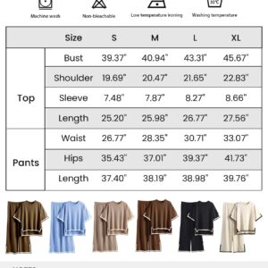 Wyeysyt Women Lounge Sets 2 Piece Sweater Knit Short Sleeve Pullover Tops Wide Leg Pants Elastic Waist Sweatsuits(Khaki-M)