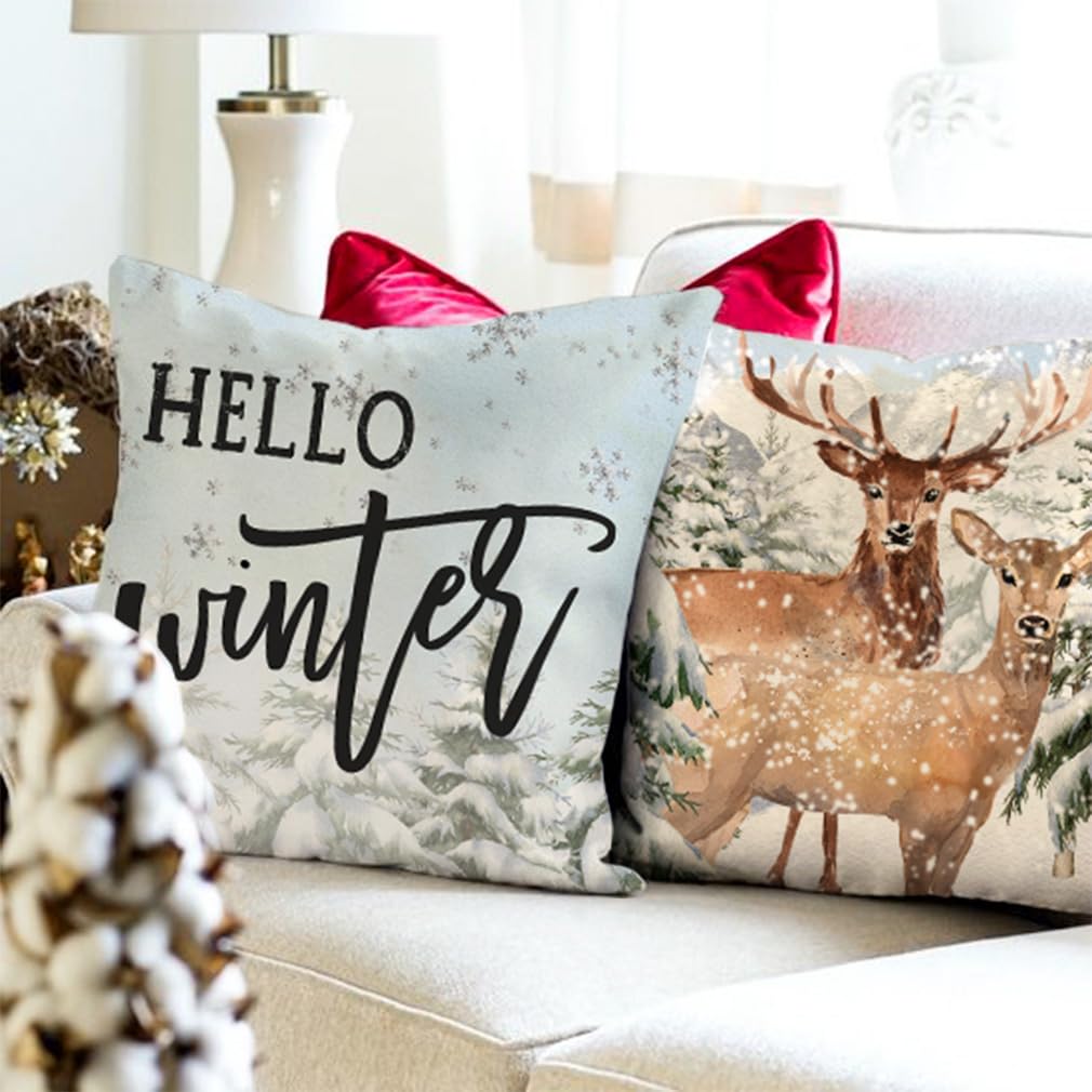 PANDICORN Christmas Pillow Covers 20x20 Set of 4 Hello Winter Wonderland Forest Reindeer Farmhouse Rustic Christmas Decorations Christmas Pillows Decorative Throw Pillows Cases Holiday Decor for Couch