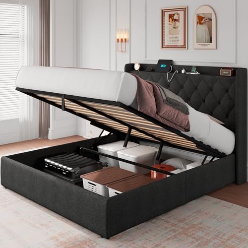 iPormis Full Size Lift Up Storage Bed Frame with Charging Station, Upholstered Platform Bed Frame with Tufted Headboard, Hydraulic Storage, No Box Spring Needed, Noise-Free, Easy Assembly, Dark Grey