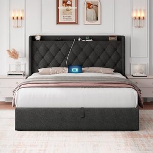 iPormis Full Size Lift Up Storage Bed Frame with Charging Station, Upholstered Platform Bed Frame with Tufted Headboard, Hydraulic Storage, No Box Spring Needed, Noise-Free, Easy Assembly, Dark Grey