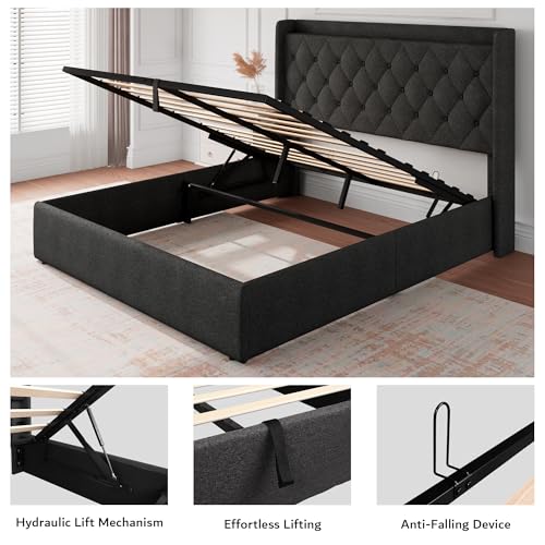 iPormis Full Size Lift Up Storage Bed Frame with Charging Station, Upholstered Platform Bed Frame with Tufted Headboard, Hydraulic Storage, No Box Spring Needed, Noise-Free, Easy Assembly, Dark Grey