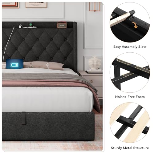 iPormis Full Size Lift Up Storage Bed Frame with Charging Station, Upholstered Platform Bed Frame with Tufted Headboard, Hydraulic Storage, No Box Spring Needed, Noise-Free, Easy Assembly, Dark Grey