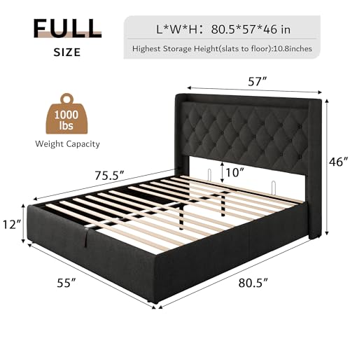 iPormis Full Size Lift Up Storage Bed Frame with Charging Station, Upholstered Platform Bed Frame with Tufted Headboard, Hydraulic Storage, No Box Spring Needed, Noise-Free, Easy Assembly, Dark Grey