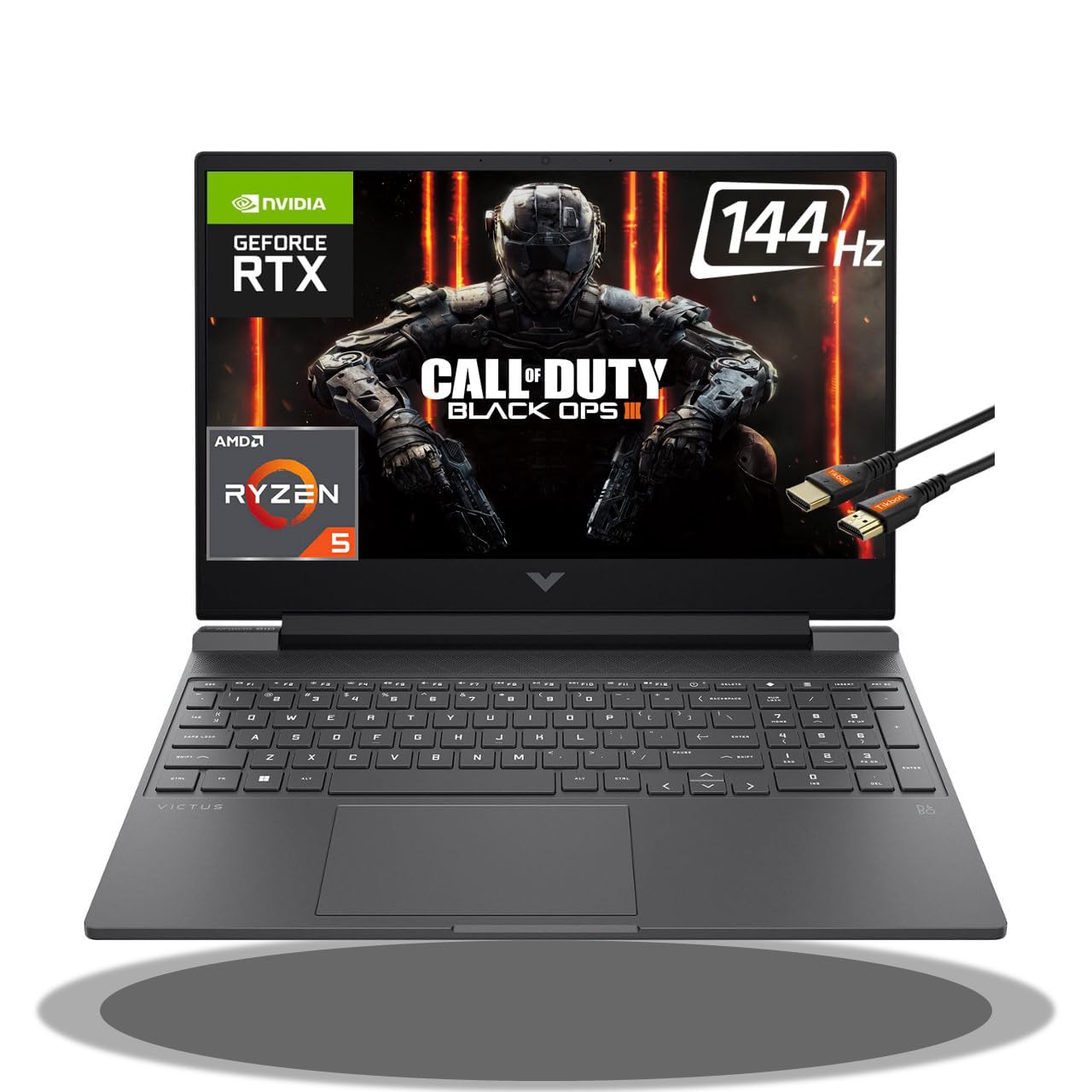 HP Victus 15 Gaming Laptop 15.6" FHD IPS 144Hz AMD 7000 Ryzen 5 7535HS (Beats i7-11800H) GeForce RTX 2050 4GB Graphic Backlit USB-C B&O Win11 Black + HDMI Cable (32GB RAM | 1TB SSD)