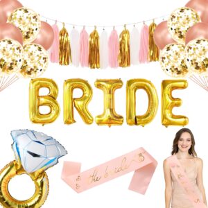 skjiayee bachelorette party decorations kits-rose gold bridal shower party supplies including the bride sash,tassel garland banner, diamond ring balloons, bride foil balloons, confetti latex balloons