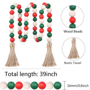 Christmas Wood Bead Garland,39in Farmhouse Beads with Tassels Christmas Tiered Tray Decor Wall Hanging Home Ornaments for Christmas Tree Decorations