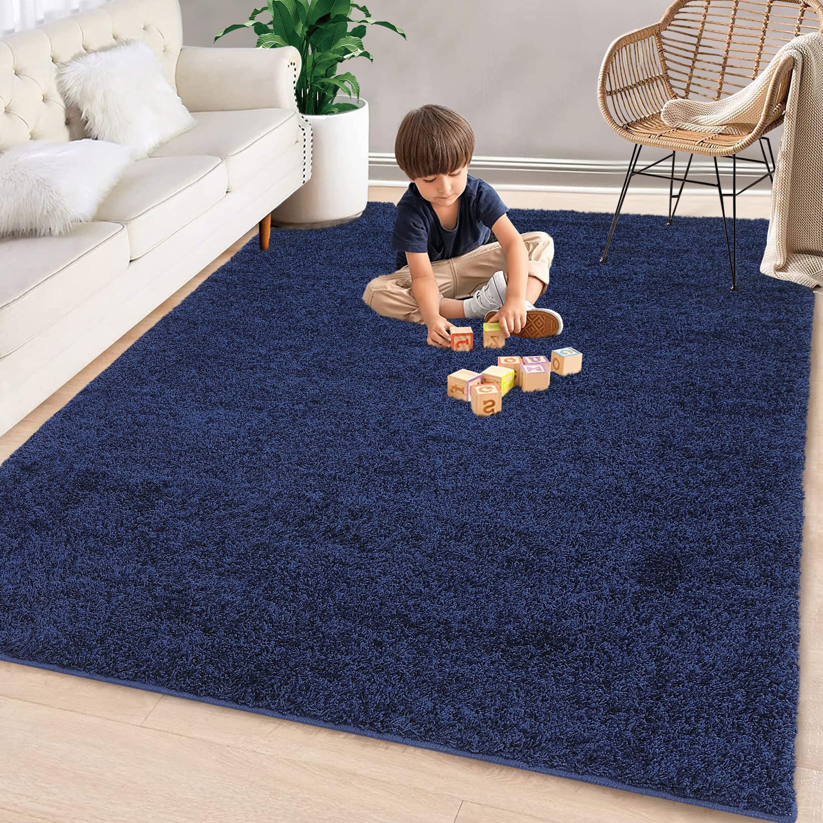 Fashionwu Blue Rugs for Bedroom 8x10 Area Rug Fluffy Shag Rug Luxurious Non-Slip Cozy Casual Solid Plush Rugs Carpet Modern Accent Rug for Living Room Bathroom Playoom, Navy Blue, 8 x 10 Feet