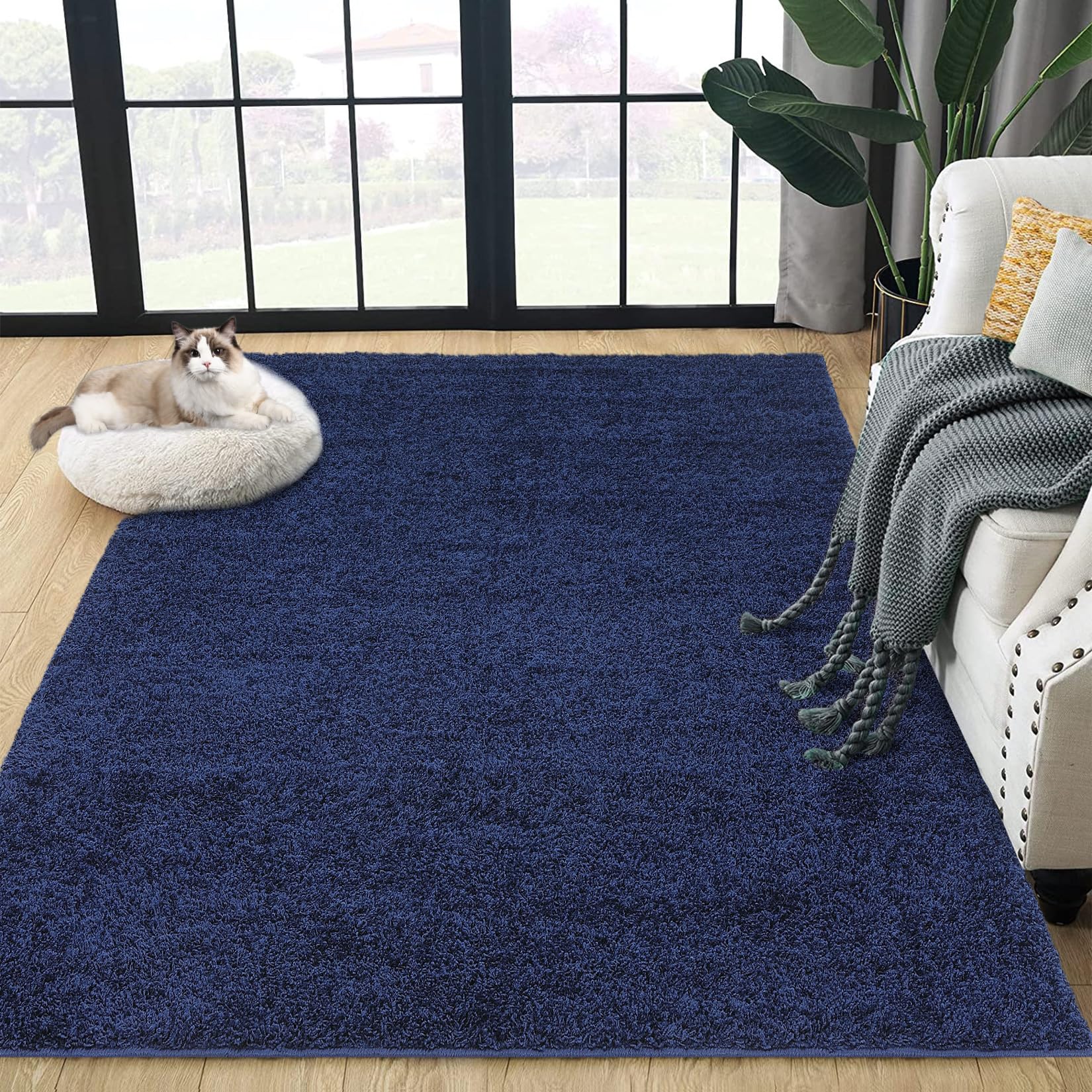 Fashionwu Blue Rugs for Bedroom 8x10 Area Rug Fluffy Shag Rug Luxurious Non-Slip Cozy Casual Solid Plush Rugs Carpet Modern Accent Rug for Living Room Bathroom Playoom, Navy Blue, 8 x 10 Feet