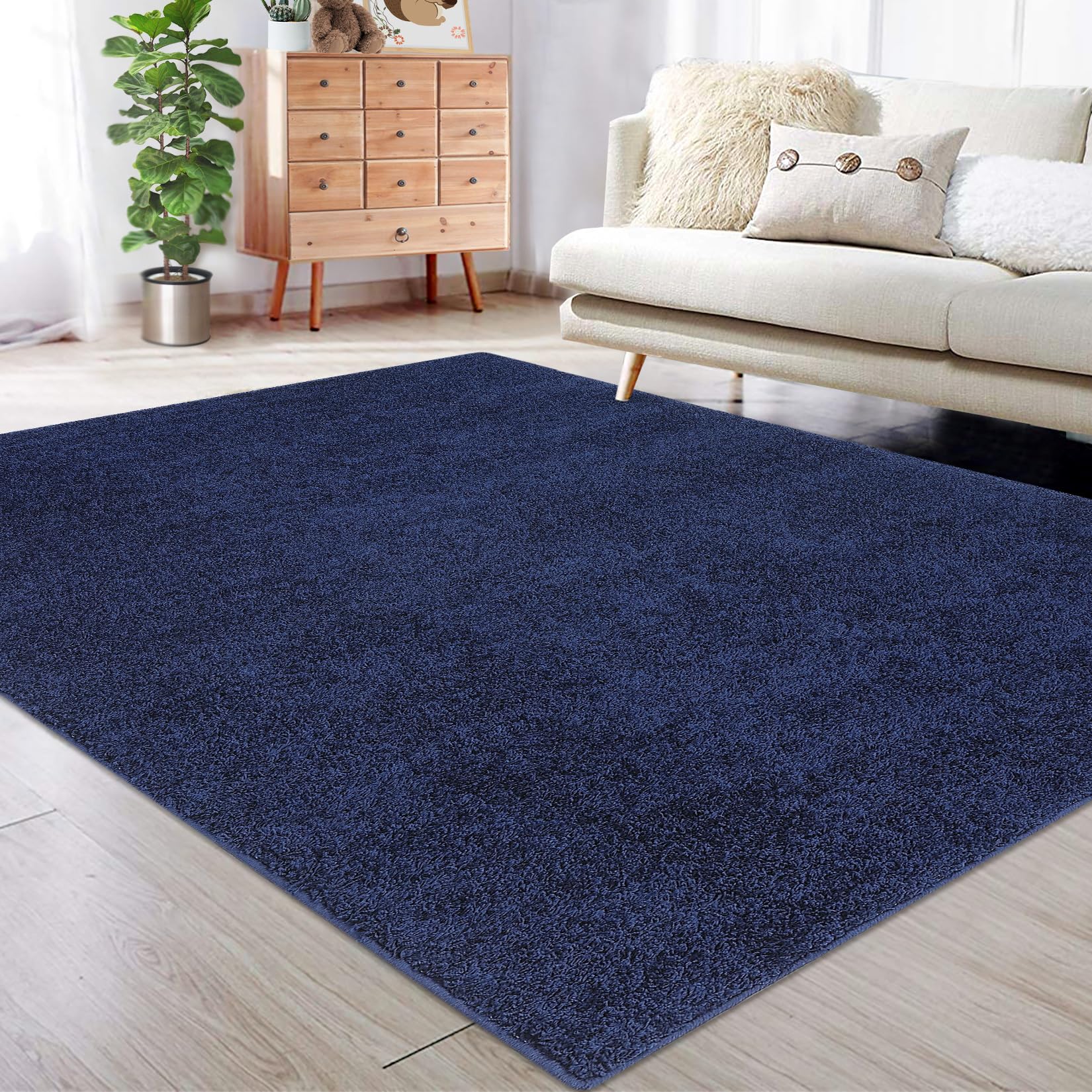 Fashionwu Blue Rugs for Bedroom 8x10 Area Rug Fluffy Shag Rug Luxurious Non-Slip Cozy Casual Solid Plush Rugs Carpet Modern Accent Rug for Living Room Bathroom Playoom, Navy Blue, 8 x 10 Feet