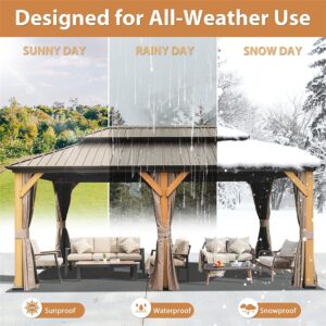 12'x20' Hardtop Gazebo, Outdoor Cedar Wood Frame Canopy with Galvanized Steel Double Roof, Outdoor Permanent Metal Pavilion with Curtains and Netting for Patio, Backyard and Lawn(Brown)