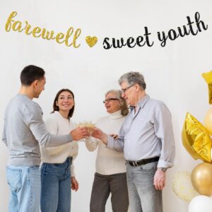 Maicaiffe Farewell Sweet Youth Banner - Old English Birthday Party Decor - 30th 40th 50th 60th Birthday Party Decorations, Gold Black Glitter