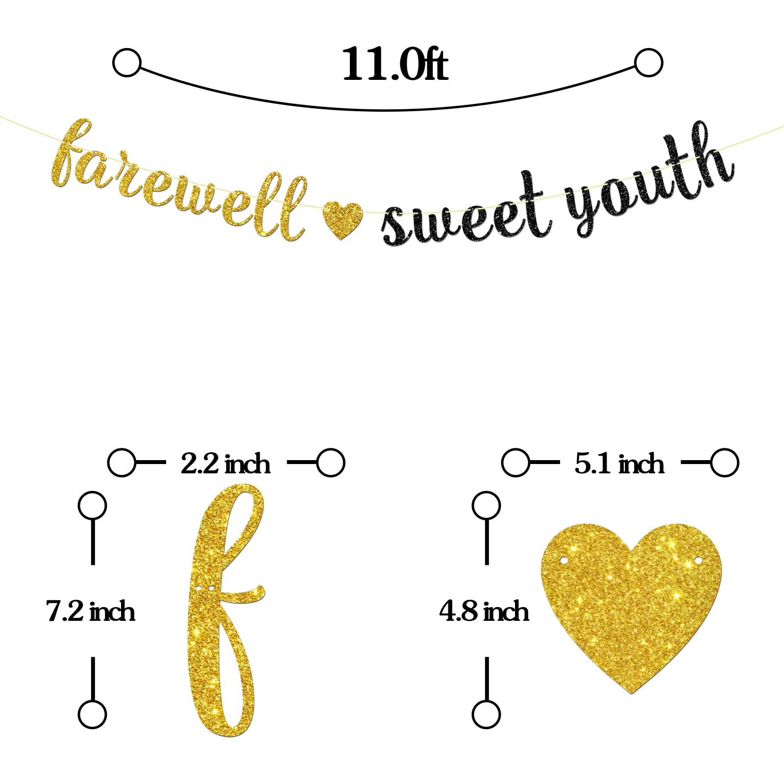 Maicaiffe Farewell Sweet Youth Banner - Old English Birthday Party Decor - 30th 40th 50th 60th Birthday Party Decorations, Gold Black Glitter