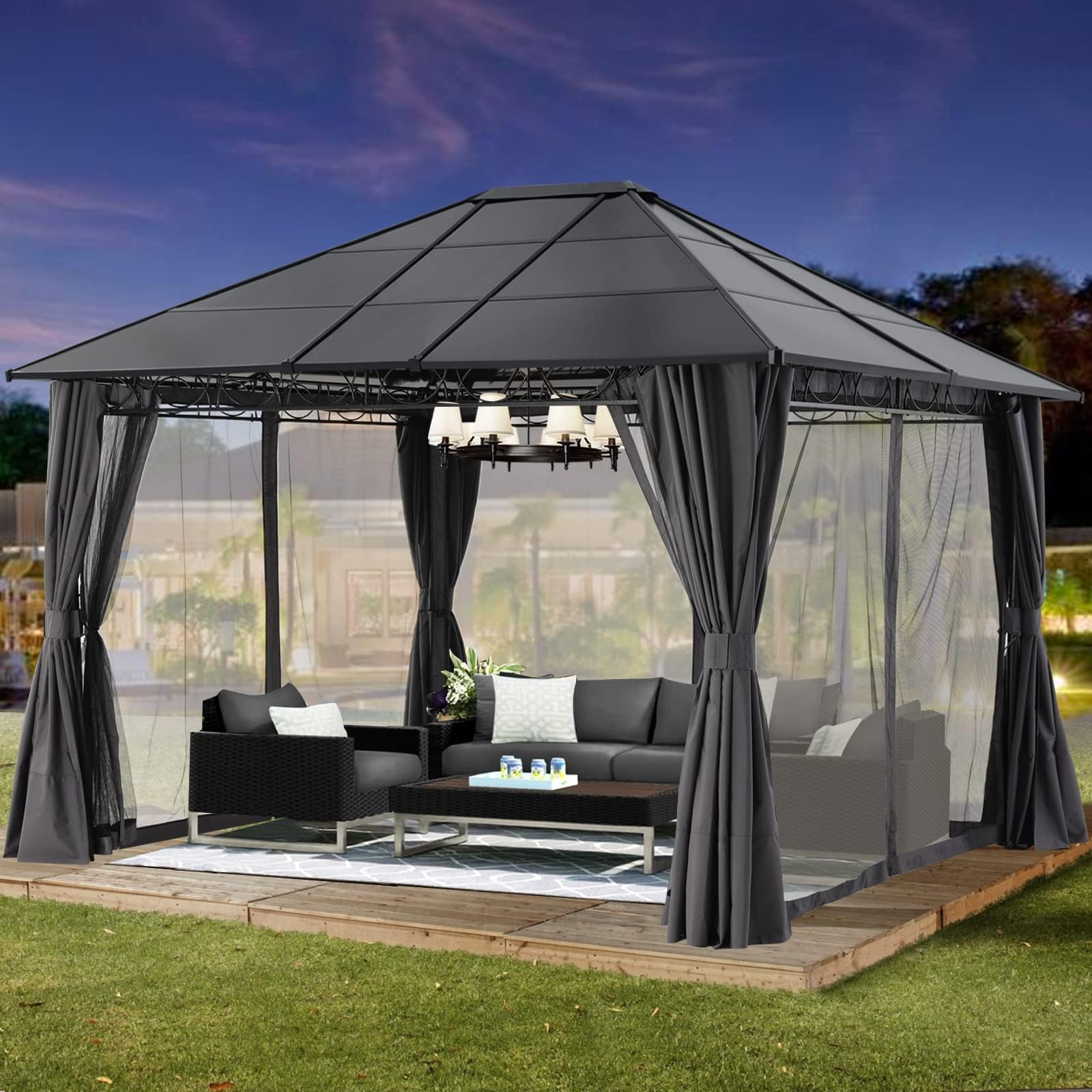 MASTERCANOPY 10x12 Outdoor Hardtop Gazebo Aluminum Frame Polycarbonate Top Canopy with Curtains and Netting, Dark Grey