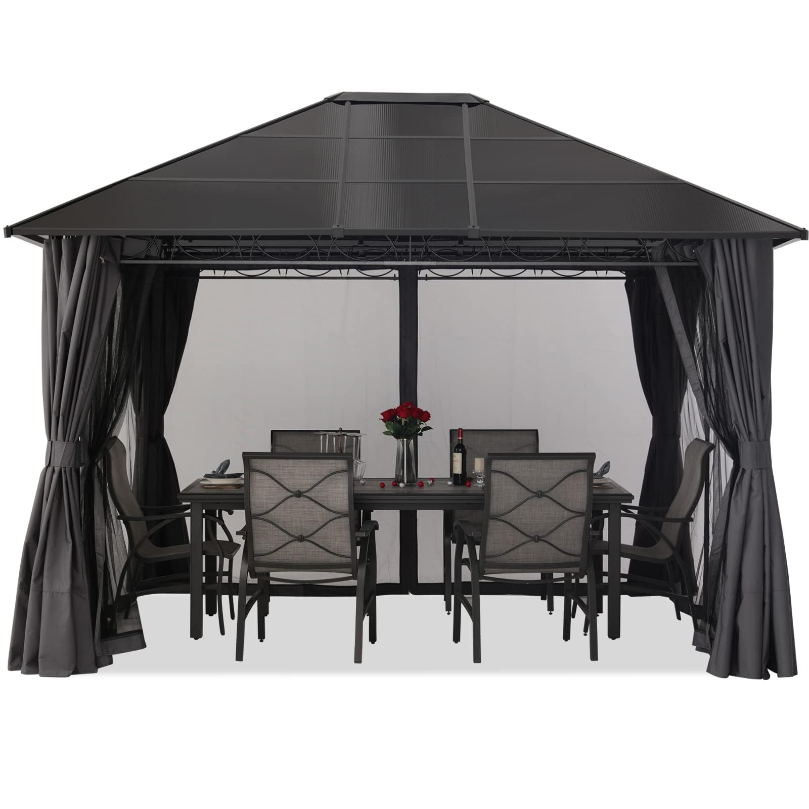 MASTERCANOPY 10x12 Outdoor Hardtop Gazebo Aluminum Frame Polycarbonate Top Canopy with Curtains and Netting, Dark Grey