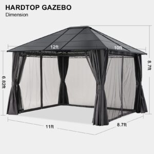 MASTERCANOPY 10x12 Outdoor Hardtop Gazebo Aluminum Frame Polycarbonate Top Canopy with Curtains and Netting, Dark Grey