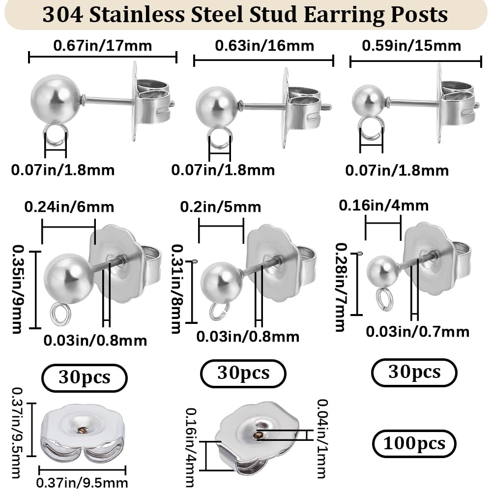 Beebeecraft 1 Box 90Pcs Ball Stud Earring Findings Stainless Steel Smooth Round Geometry Post Earring Studs Components with Loop and 100Pcs Ear Nuts Earring for Jewellery Making Supplies