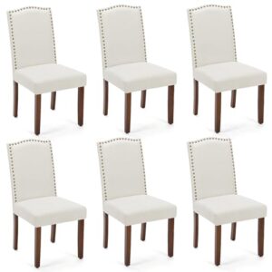 mcq upholstered dining chairs set of 6, modern upholstered fabric dining room chair with nailhead trim and wood legs, mid-century accent dinner chair for living room, kitchen, beige