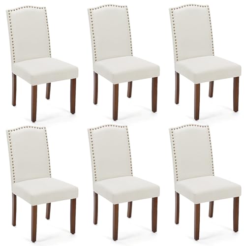 MCQ Upholstered Dining Chairs Set of 6, Modern Upholstered Fabric Dining Room Chair with Nailhead Trim and Wood Legs, Mid-Century Accent Dinner Chair for Living Room, Kitchen, Beige