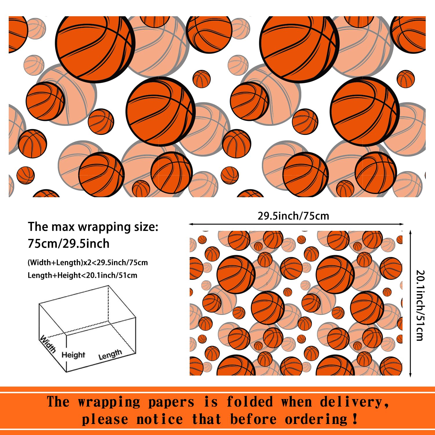 Mpanwen Basketball Wrapping Paper for Boys Kids, 12 Sheets Basketball Theme Gift Wrap for Christmas Birthday Holiday - 20 x 29.5 Inches Per Sheet