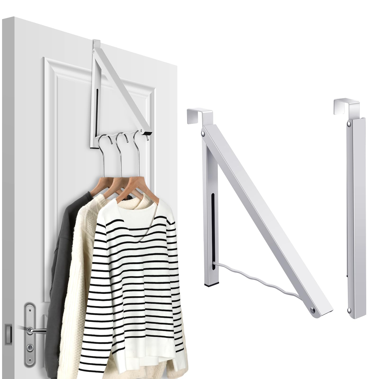 Suzile 2 Pcs White Over The Door Hanger Organizer Foldable Single Closet Hanger Hooks Retractable Over The Door Drying Rack Clothing Collapsible for Hanging Clothes Towels Bathrooms