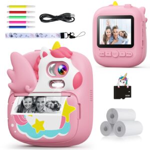 camclid kids camera instant print, 12mp & 1080p instant camera for kids with 32g card & print paper, selfie digital video camera for toddler,christmas birthday gifts for girls boy age 3-12 (pink)