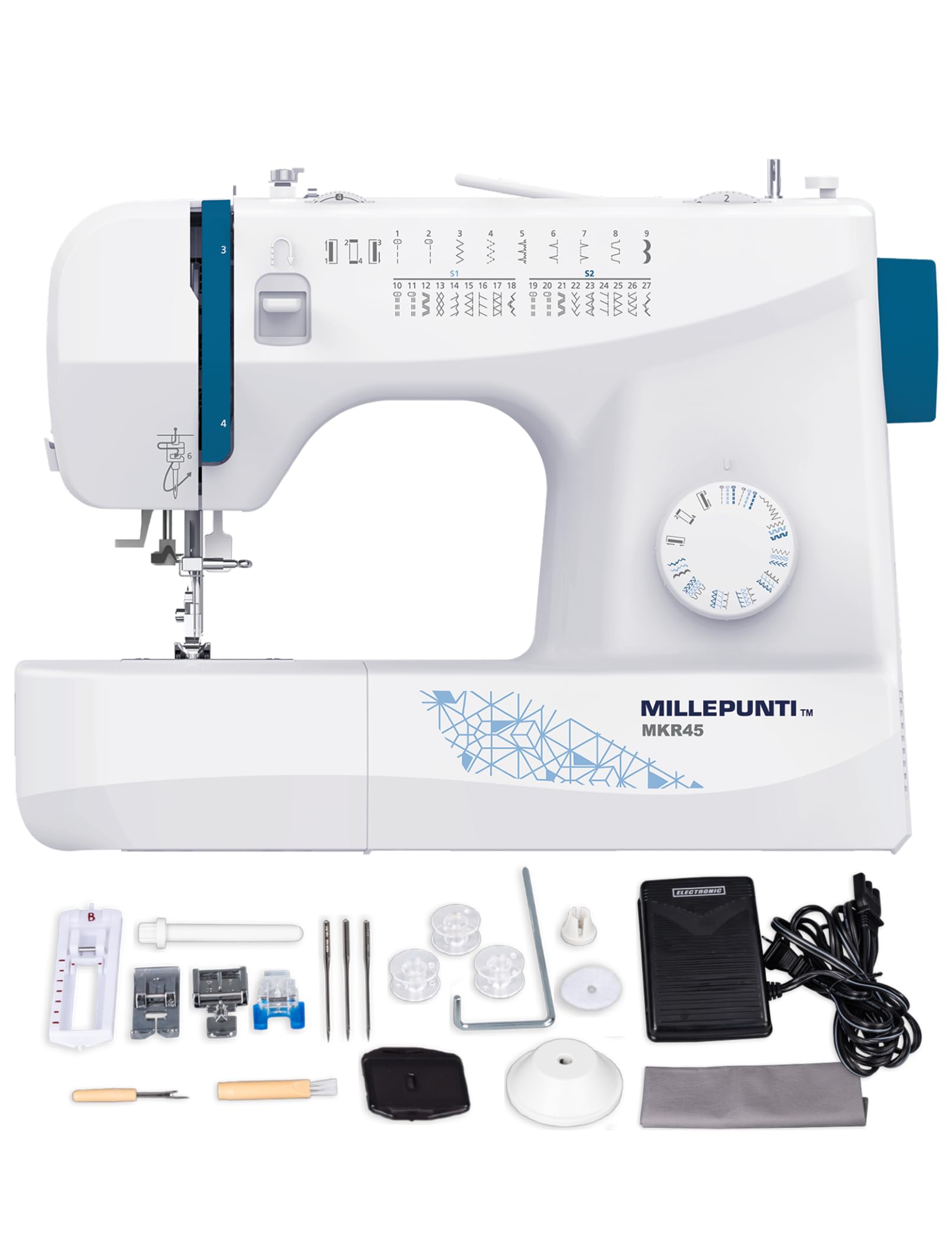 MILLEPUNTI Sewing Machine with 25 Stitches Automatic Needle Threader and Bobbin Winder Include 4 Feet and Accessories Perfect for Beginners Quilting and DIY MKR45