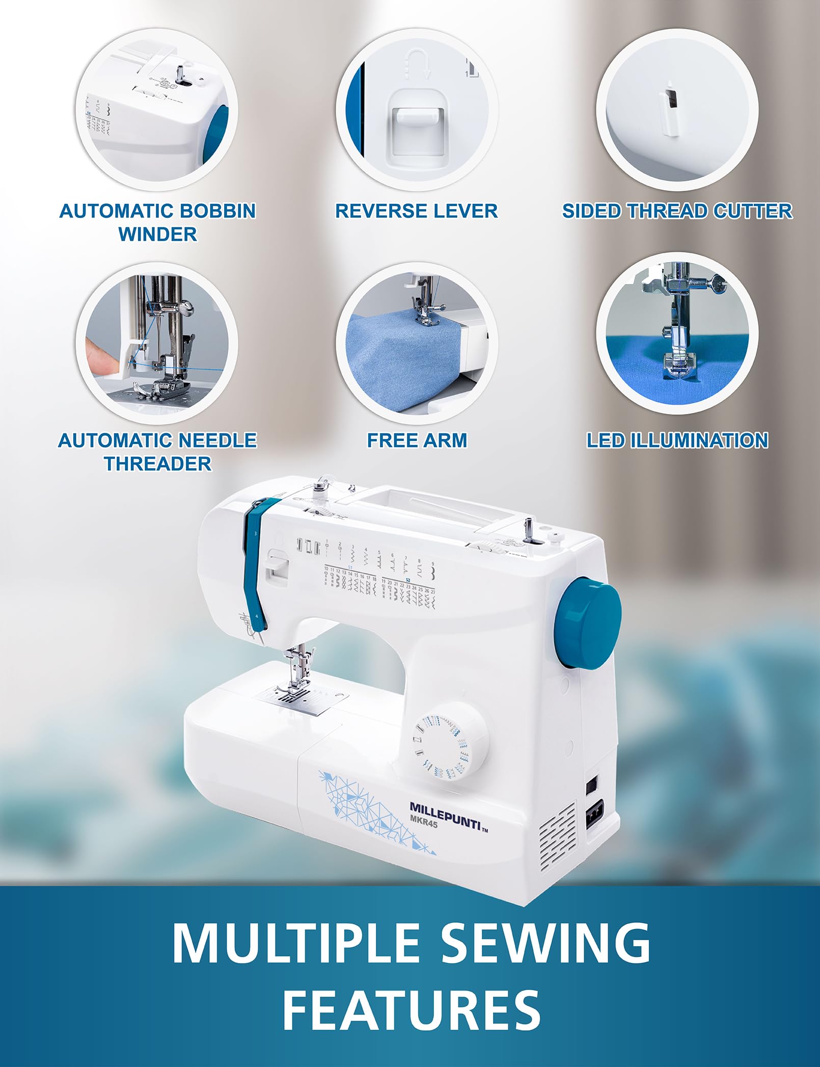 MILLEPUNTI Sewing Machine with 25 Stitches Automatic Needle Threader and Bobbin Winder Include 4 Feet and Accessories Perfect for Beginners Quilting and DIY MKR45