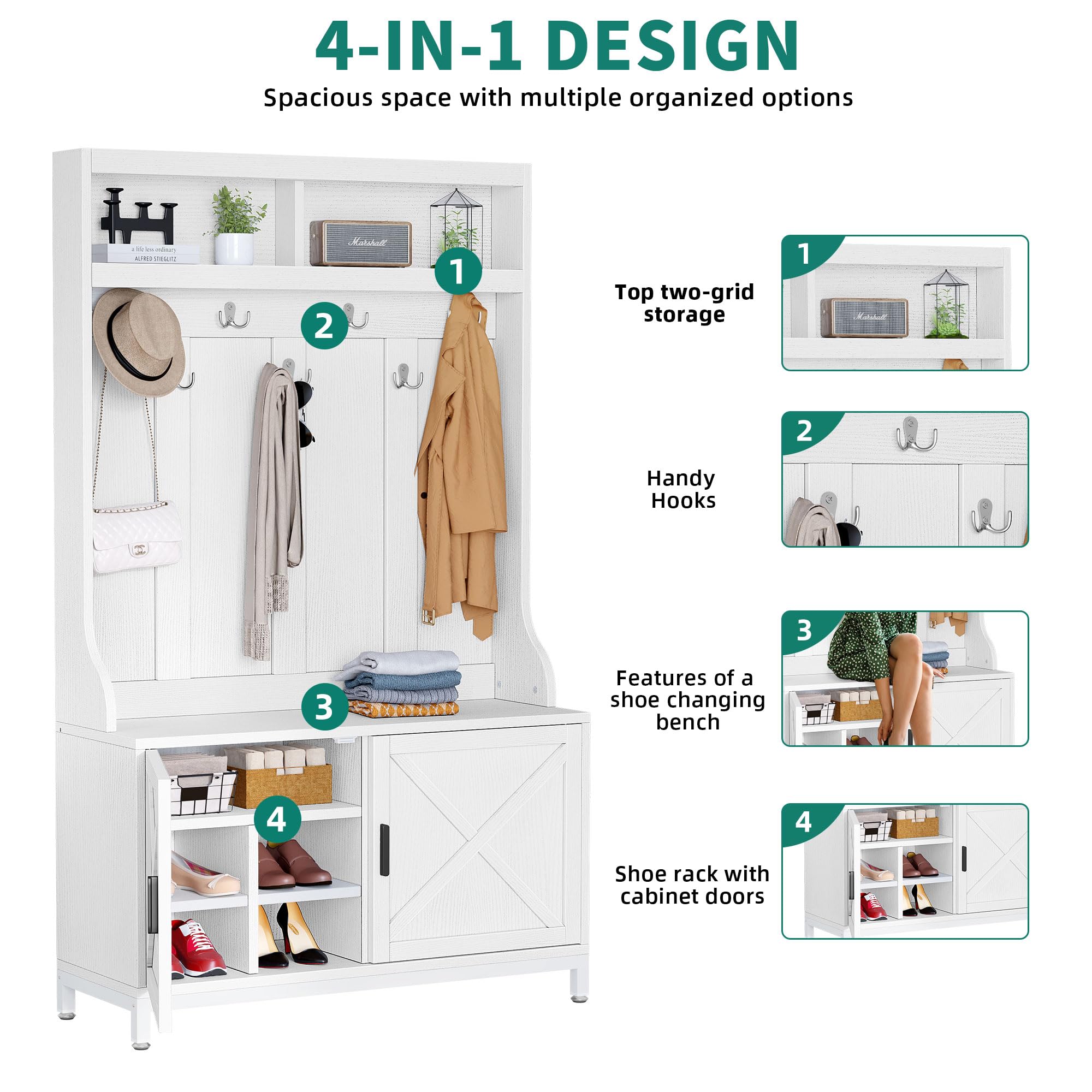 YITAHOME Entryway Bench with Coat Rack, 4-in-1 Hall Tree with Shoe Storage Bench, 7 Hooks and Bottom Shoe Cabinet for Hallway, Entryway, Bedroom, White