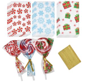 gift boutique 600 small christmas treat bags 3" x 5" with 600 twist ties holiday plastic cellophane bag for making your own lollipop cake pops candy lolly chocolate & cookies easy gift wrapping cello