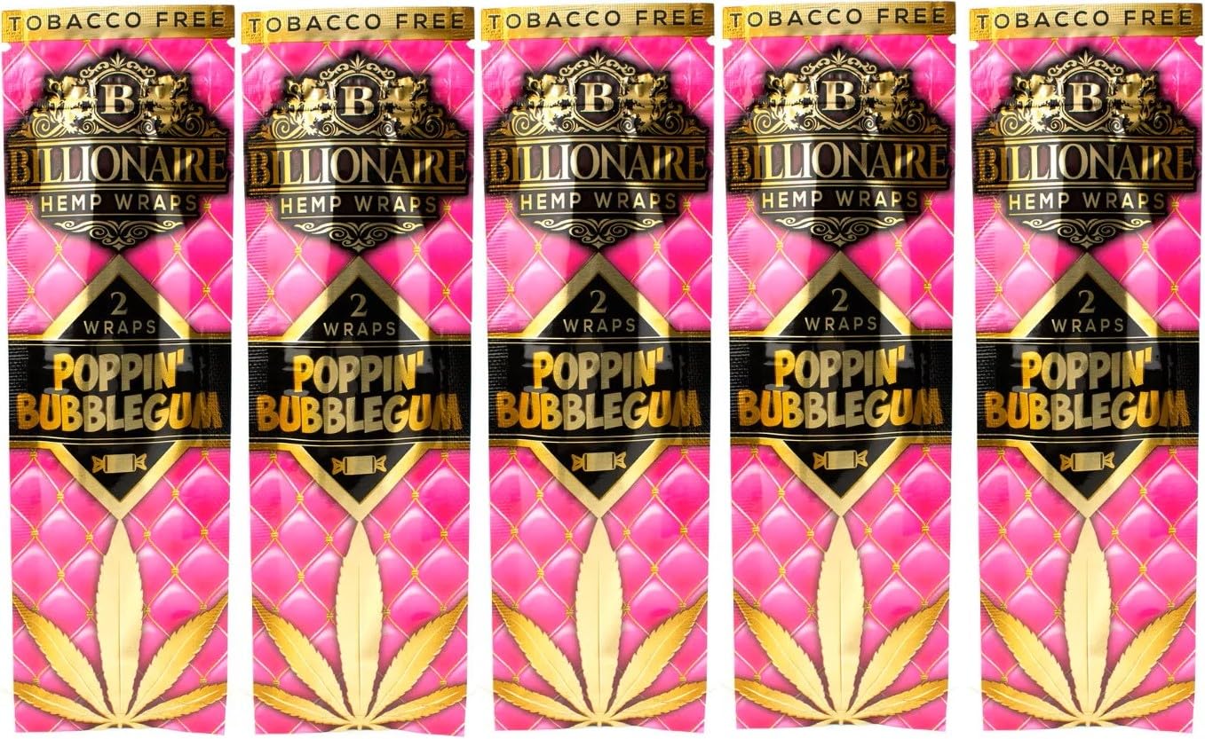 Billionaire Hemp Natural Hemp Wraps - Poppin' Bubblegum - 2 Wraps per Pack - 5 Pack - 10 Wraps total incl. Frugal Smoker Sticker