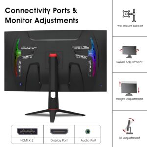 HAJAAN 32” Inch FHD 1080p Curved Gaming Monitor with RGB Lighting 200Hz Refresh Rate with VA Display, Built-in Speakers, Tilt Adjustment, Wall Mountable 2X HDMI, DP (X3223C) -Black