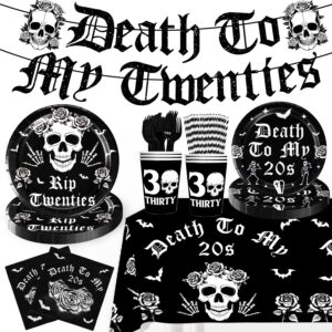 167pcs death to my 20s decorations tableware set death to my twenties banner rip twenties skull 30th birthday decorations plates cups paper straws forks napkins tablecloth set funeral for my youth