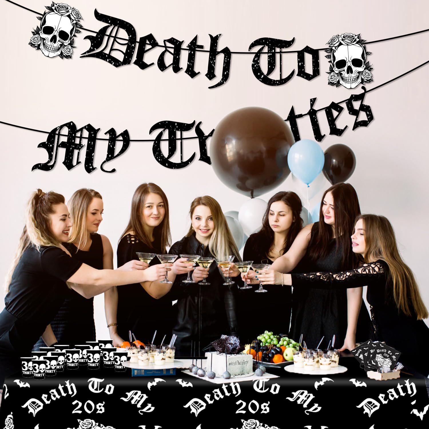 167pcs Death to My 20s Decorations Tableware Set Death to My Twenties Banner Rip Twenties Skull 30th Birthday Decorations Plates Cups Paper Straws Forks Napkins Tablecloth Set Funeral For My Youth