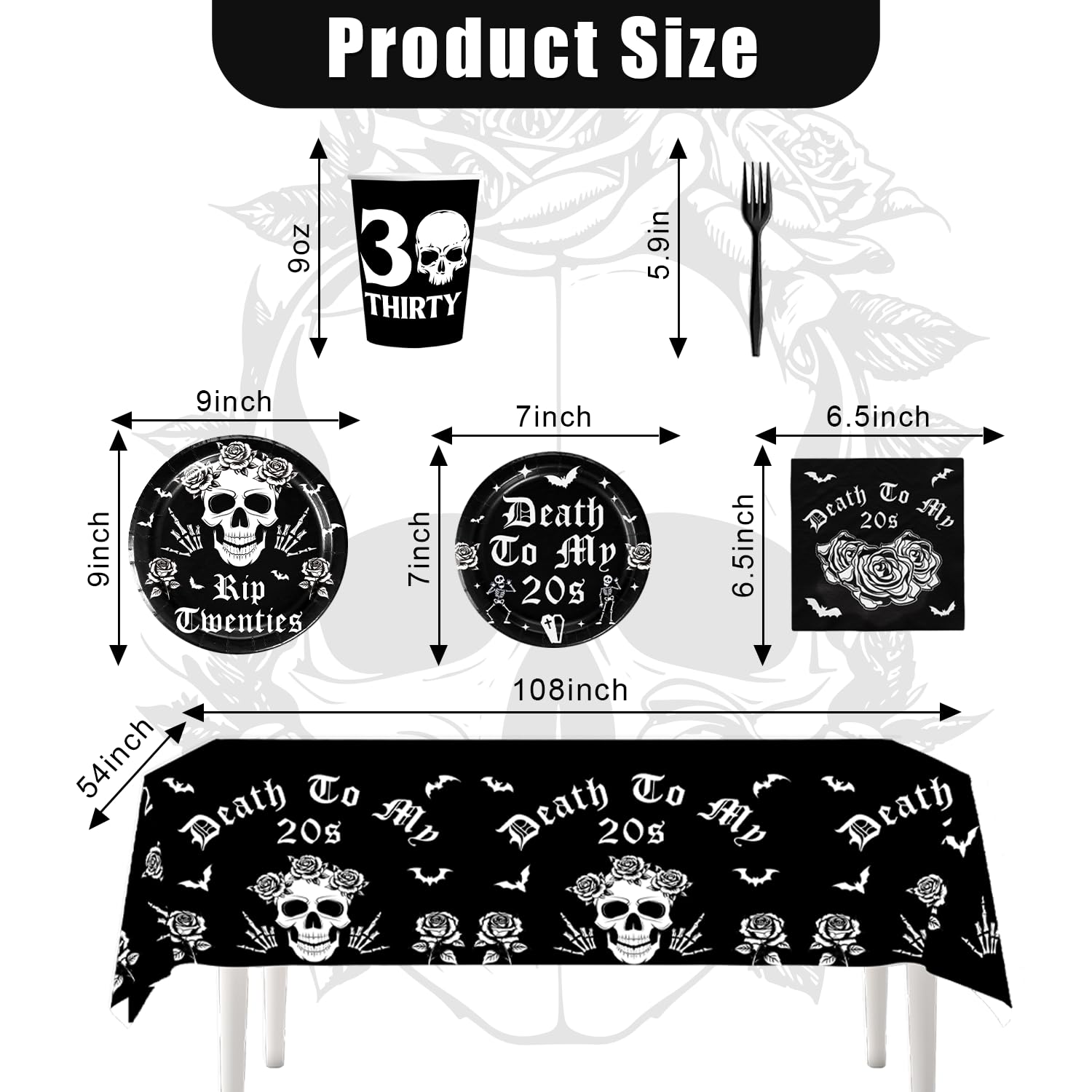 167pcs Death to My 20s Decorations Tableware Set Death to My Twenties Banner Rip Twenties Skull 30th Birthday Decorations Plates Cups Paper Straws Forks Napkins Tablecloth Set Funeral For My Youth