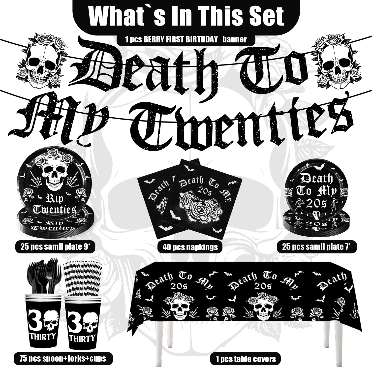 167pcs Death to My 20s Decorations Tableware Set Death to My Twenties Banner Rip Twenties Skull 30th Birthday Decorations Plates Cups Paper Straws Forks Napkins Tablecloth Set Funeral For My Youth