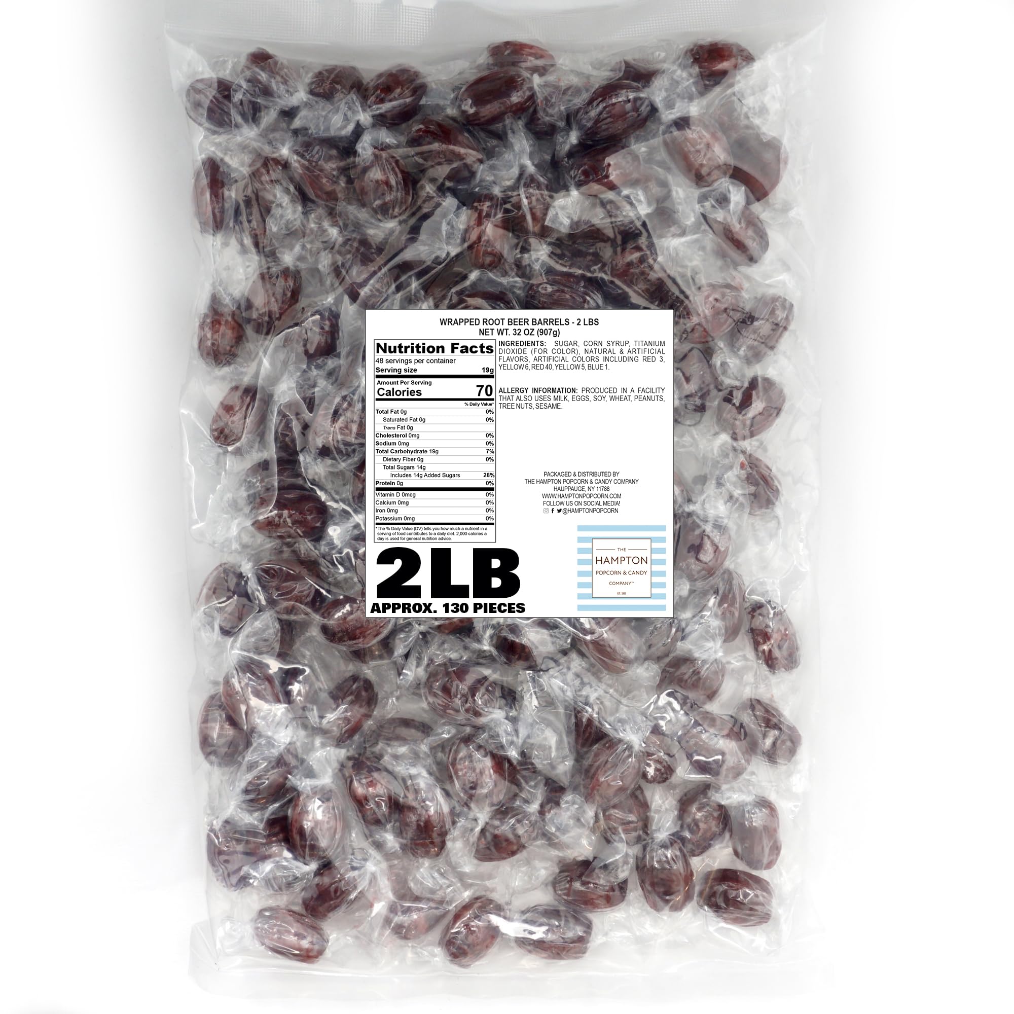 Root Beer Barrels Hard Candy - 2lb Bulk Bag (Approximately 130 pcs) - Old Fashioned Hard Candy - Individually Wrapped Bulk Candy - The Hampton Popcorn & Candy Company